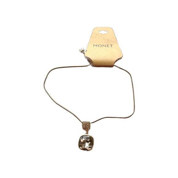 Vintage MONET Twisted Topaz Crystal Rhinestone Gold medalion cord Necklace NWT - Picture 2 of 12